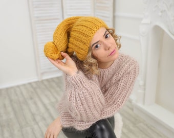 Knit mohair hat, Mustard beanie hat, Fluffy winter beanie, Warm thick beanie, Slouchy knit hat
