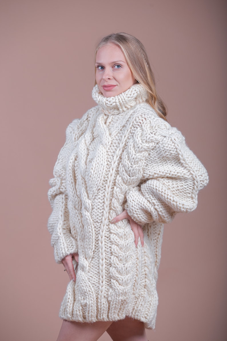 Cable Knit Sweater, Wool Turtleneck Sweater, Beige Oversize Pullover, Warm Winter Sweater, Women Loose Pullover, Wool Jumper, Comfy Sweater image 4