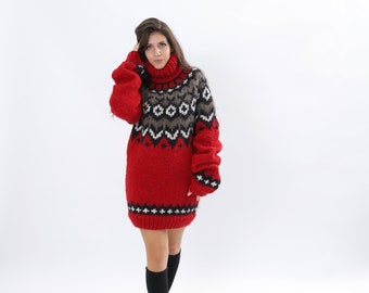 Nordic Sweater, Red Sweater Women, Thick Turtleneck Jumper, Chunky Pullover, Icelandic Sweater, Plus Size Clothing, Fair Island Pullover