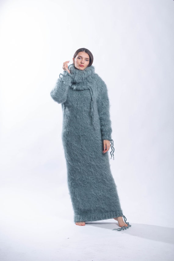 Huge Turtleneck Mohair Dress, Fluffy Sweater Dress for Women, Plus