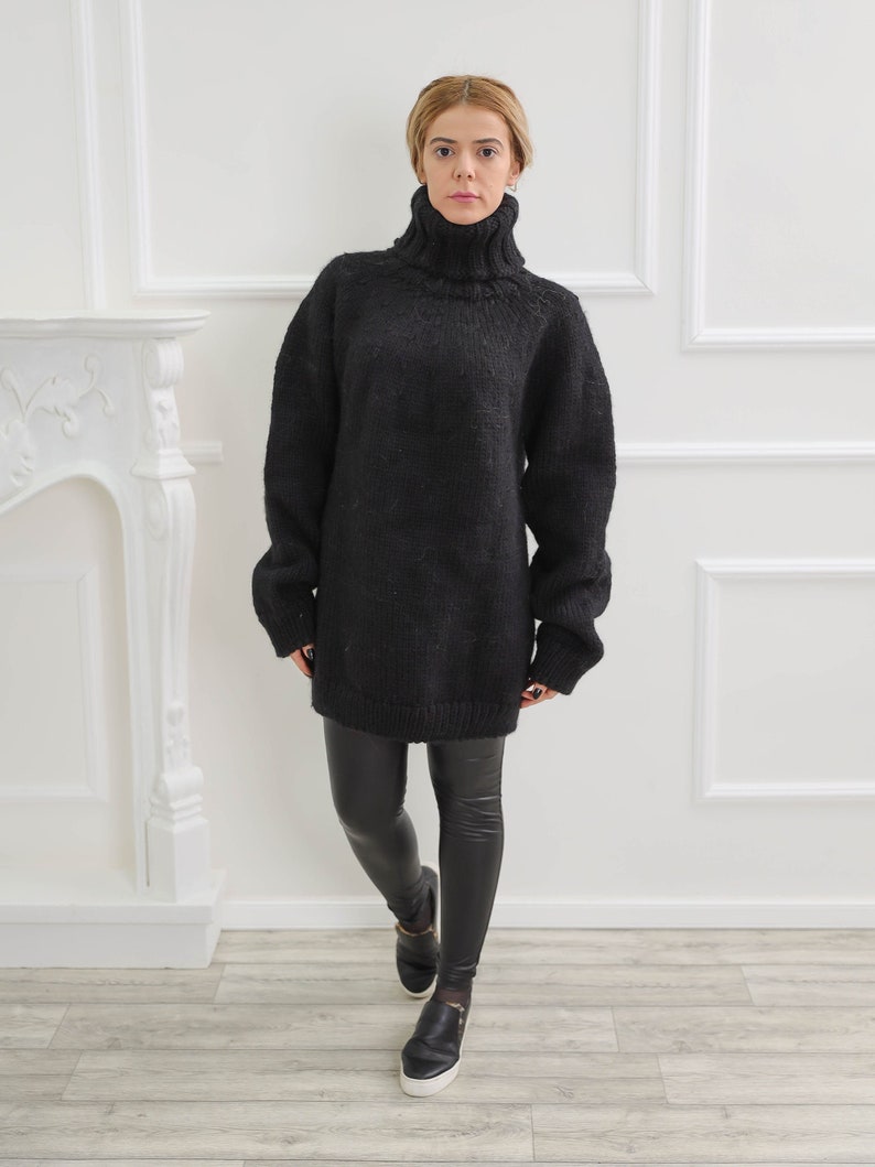 Black oversize wool sweater, Chunky turtleneck wool pullover, Nordic warm fluffy cardigan image 2