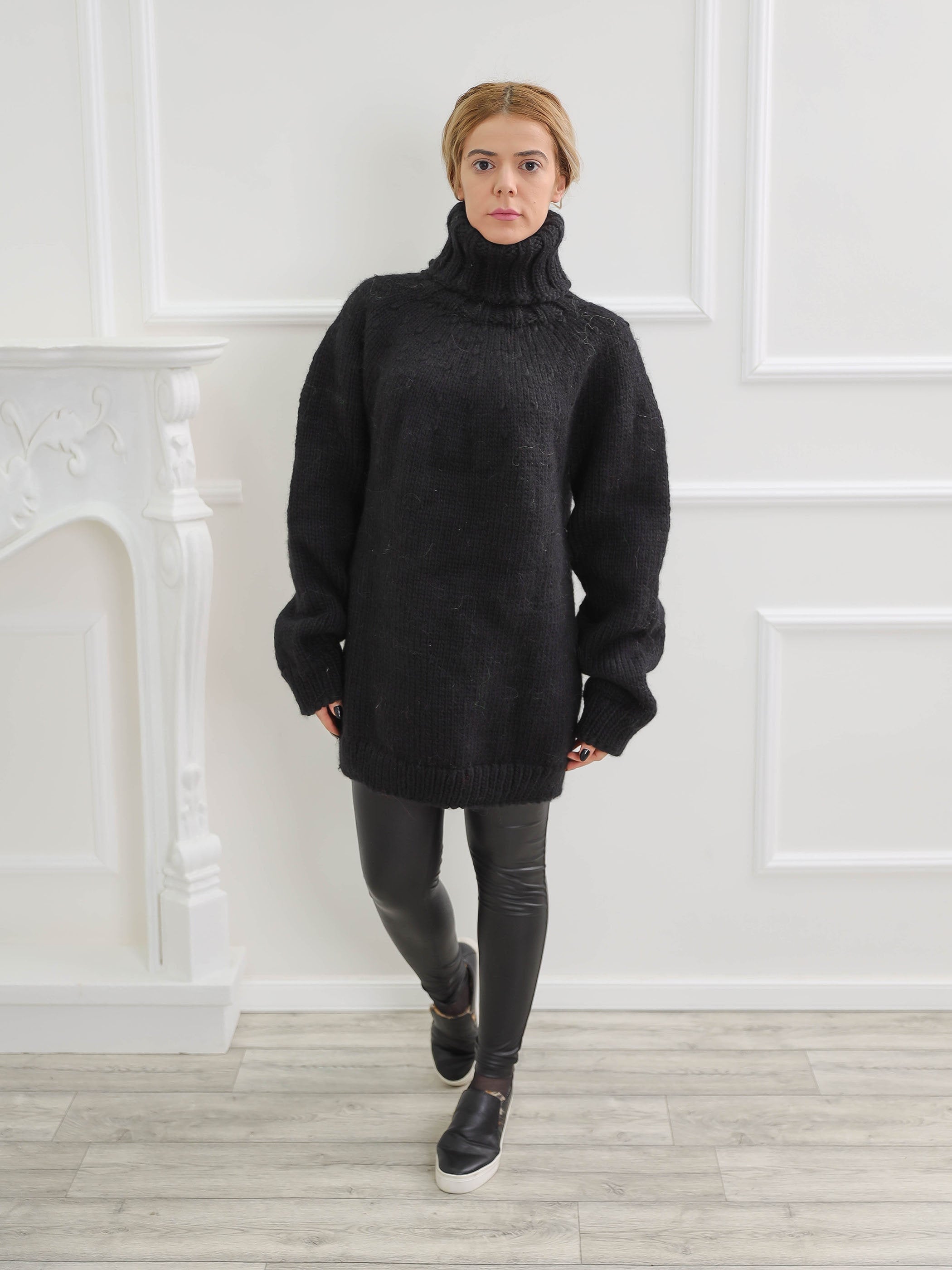 Black Oversize Wool Sweater Chunky Turtleneck Wool Pullover - Etsy