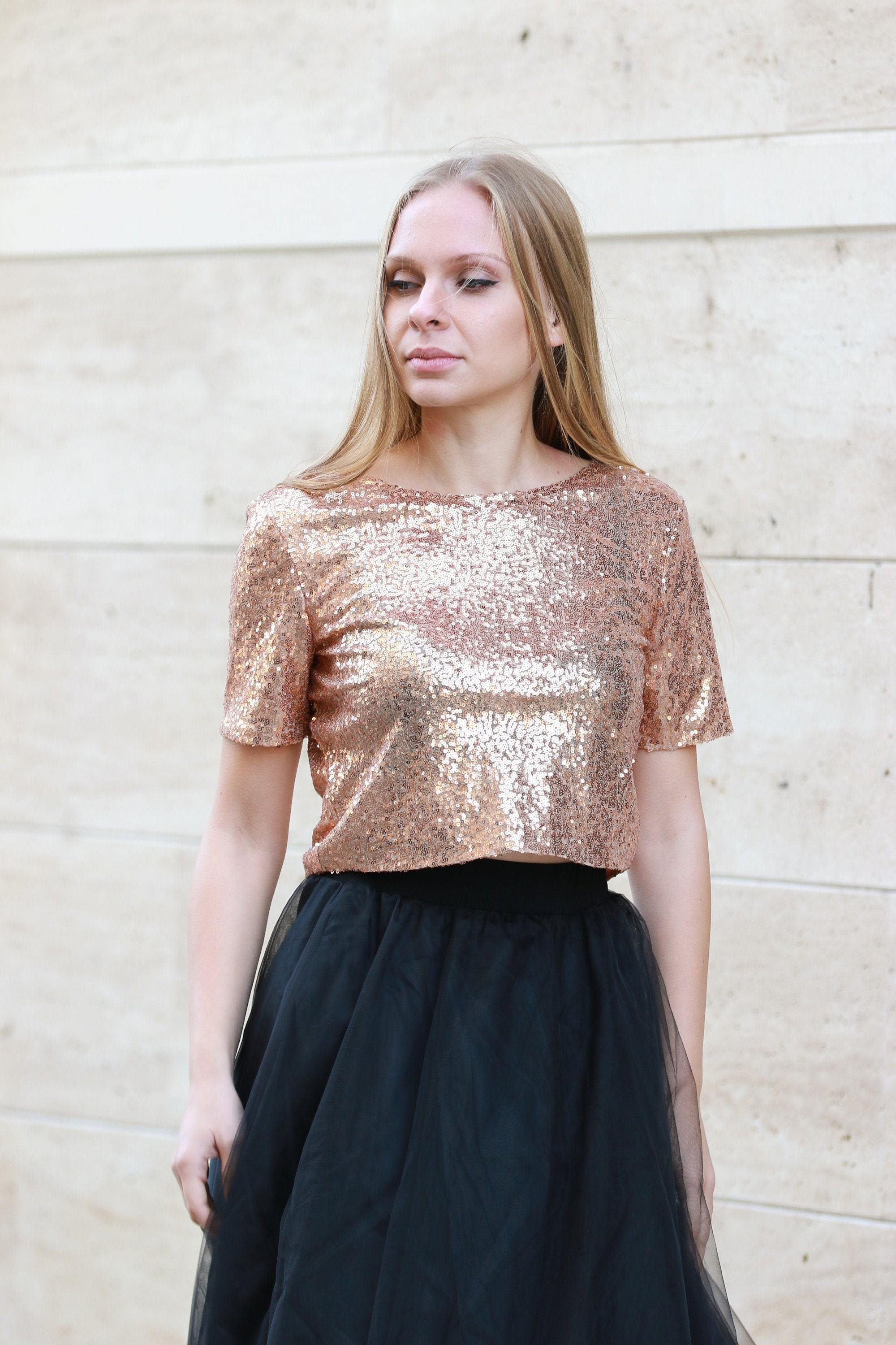 Gold Pink Blush Rose Gold Sequin Top, Prom Party Crop Top, New