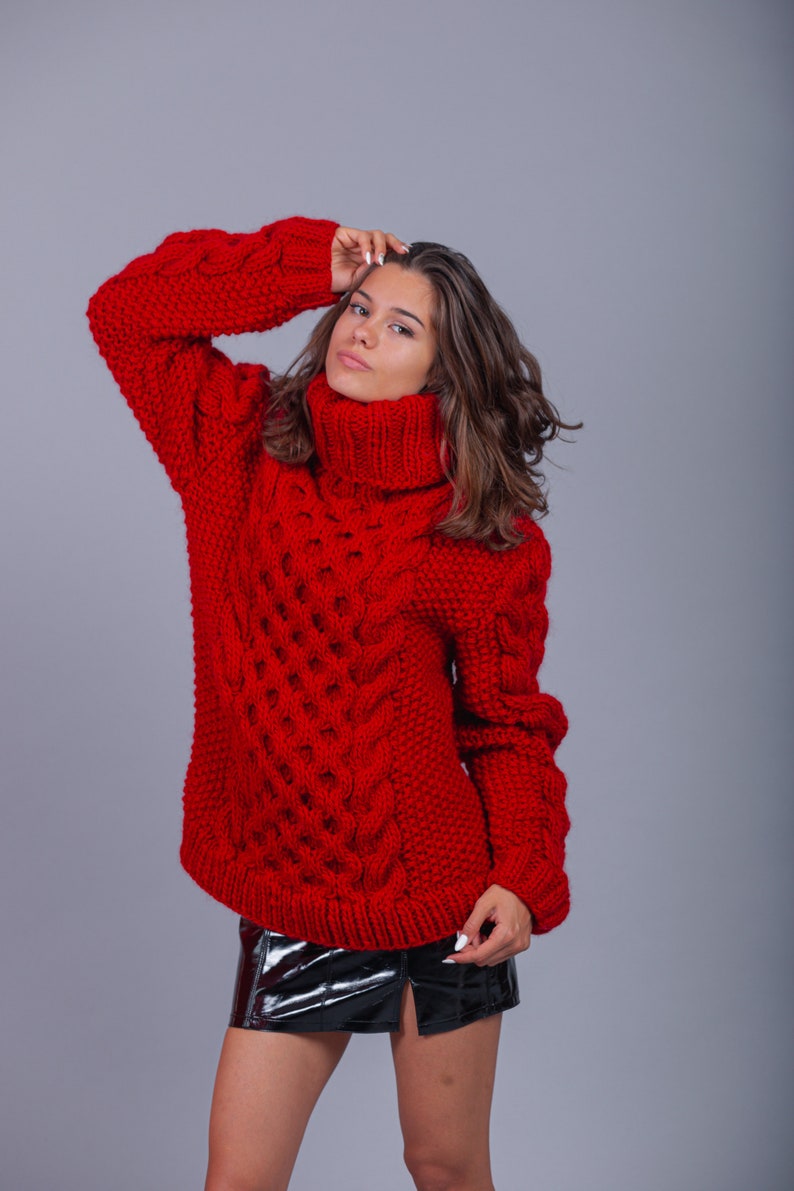 Bulky red oversized wool sweater with huge warm turtleneck, great for ski resort holiday image 2