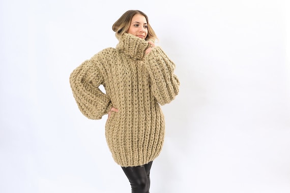 Maglione di lana Eco Chunky a fili, maglione di lana a collo