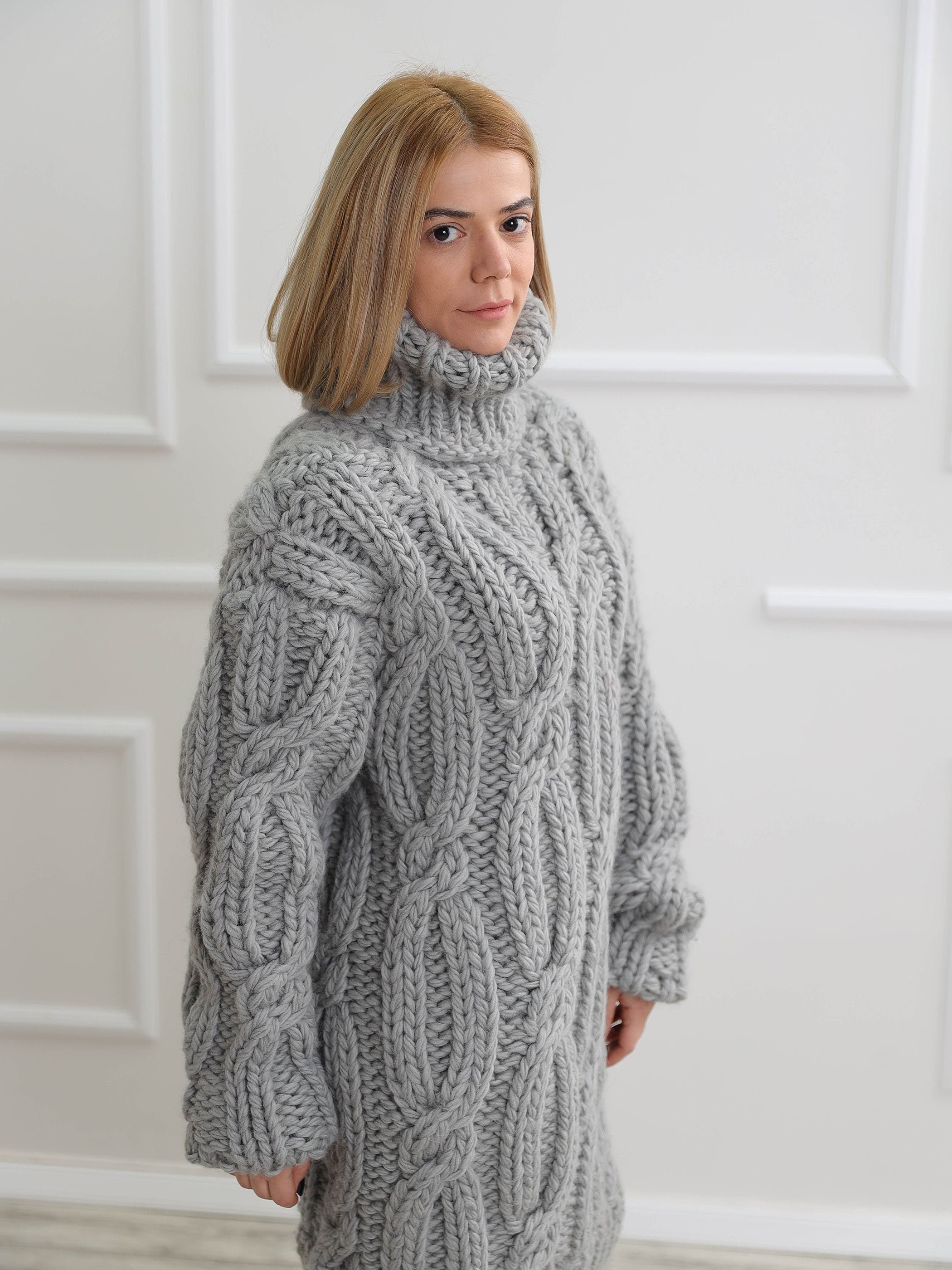 Mohair Sweater Turtleneck Jumper Chunky Aran Sweater Gray | Etsy