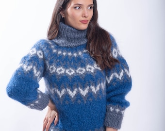 Blue Mohair Icelandic Sweater, Fluffy Nordic Jumper, Oversized Mohair Turtleneck, Lopapeysa Women Jumper, Fair Isle Sweater,