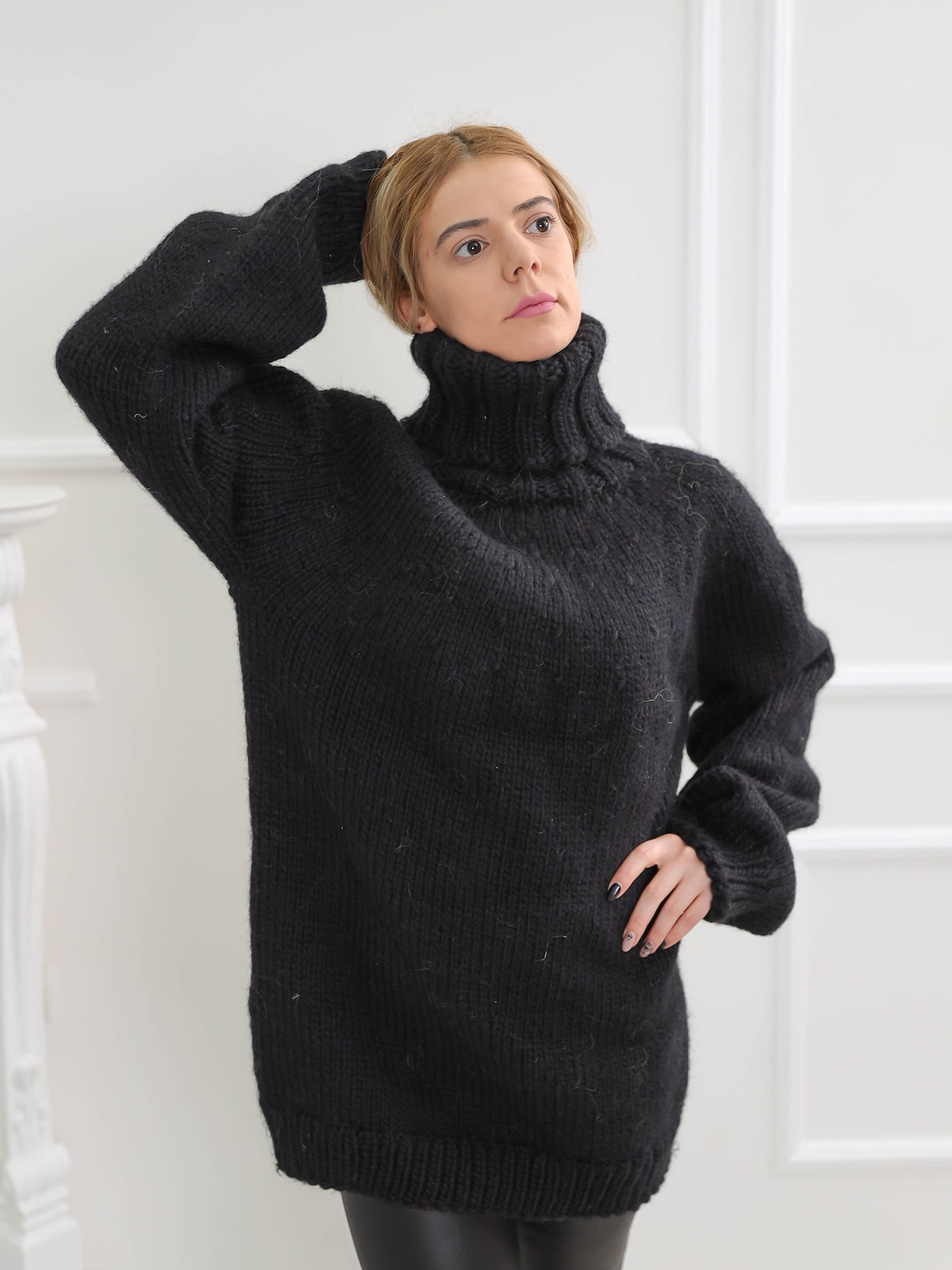 Black Oversize Wool Sweater Chunky Turtleneck Wool Pullover | Etsy