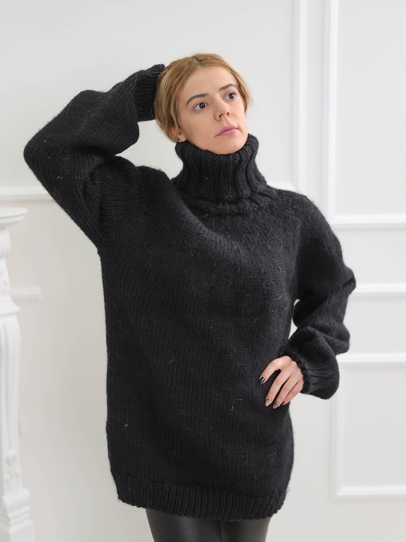 Black oversize wool sweater, Chunky turtleneck wool pullover, Nordic warm fluffy cardigan image 1