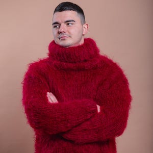 2XL Ready to ship Super fluffy Bordo turtleneck sweater for men, hand-knitted, chunky plus-size clothing, warm mohair jumper by Molimarks