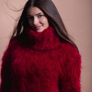 Handmade Bordo Fluffy Mohair Sweater with a chunky turtleneck, soft fuzzy texture, and loose knit design