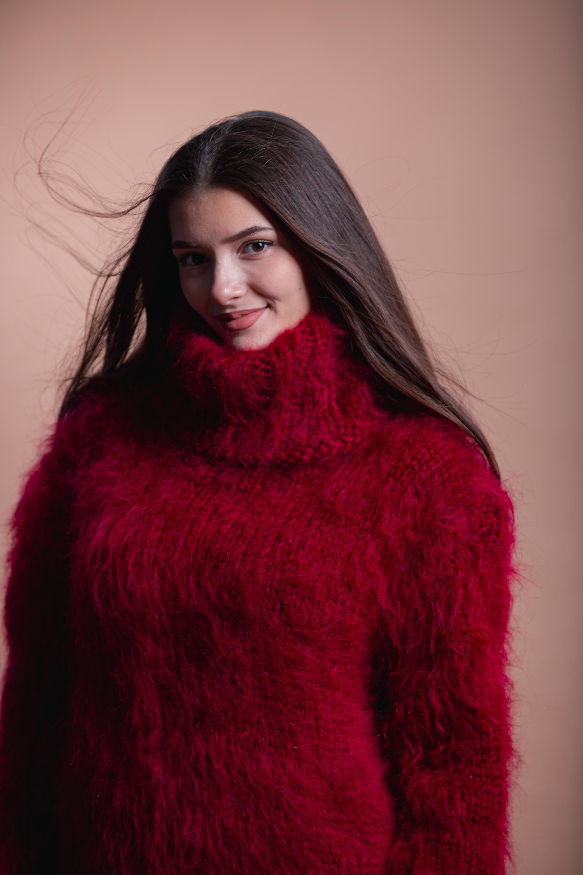 Handmade Bordo Fluffy Mohair Sweater with a chunky turtleneck, soft fuzzy texture, and loose knit design