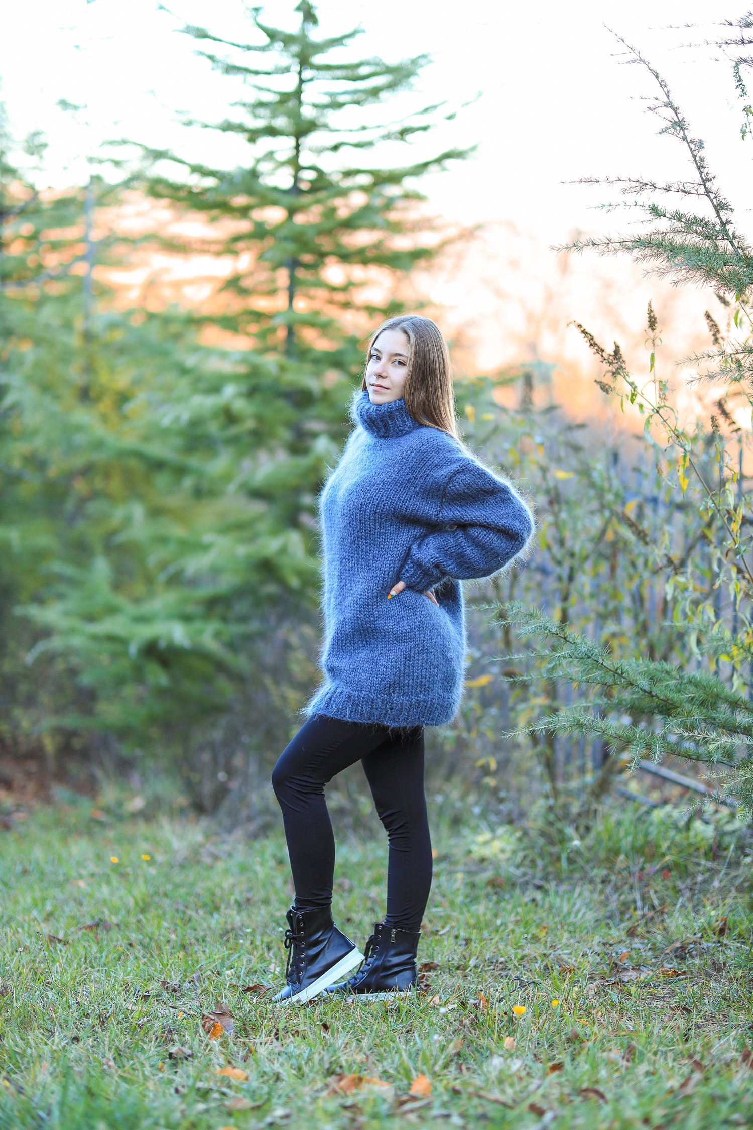 Gray Mohair Sweater, Big Turtleneck Pullover, Oversized Nordic