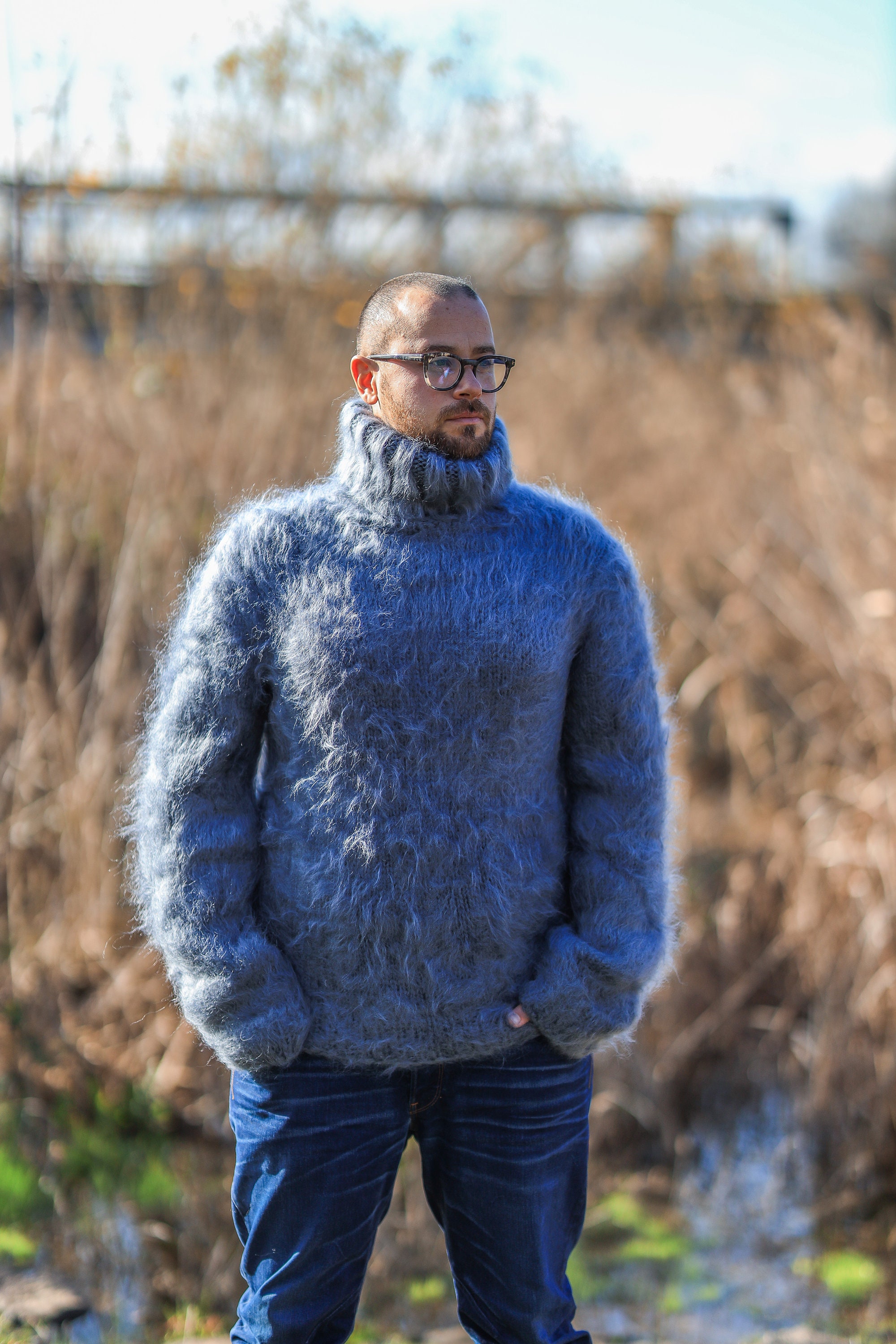 Super Fluffy Blue Sweater, Men Turtleneck, Chunky Plus Size Clothing, Hand  Knitted Jumper, Warm Women's clothing size: XS US women's letter