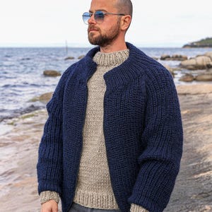 4-6 XL Ready to Ship Handmade Dark Blue Wool Mens Cardigan with Zipper, Hand Knitted Pullover, Zipper Knit Bomber, Plus Size Sweater
