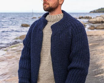 Handmade Wool Cardigan: Mens Dark Blue Knit Zipper Sweater, Plus Size