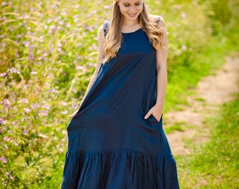 Dark Blue Linen Dress, Women Maxi Dress, Summer Maternity Dress, Plus Size Clothing, Oversized Dress, Bohemian Clothing, Linen Kaftan Dress