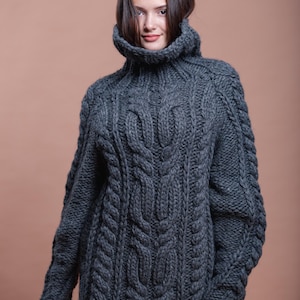 Suéter de cuello alto de punto trenzado de lana gris XL - Jersey grueso