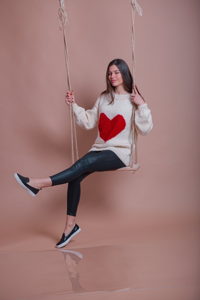 White Wool Sweater, Red Heart Pullover, Valentine Sweater, Women Heart Jumper, Girlfriend Gift, Cute Winter Pullover, Casual Clothing image 4