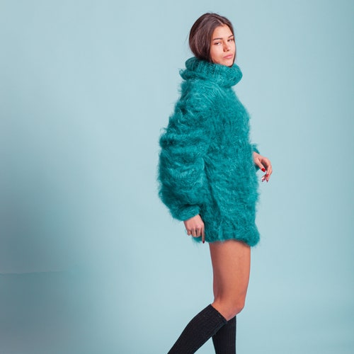2XL Ready Fluffy Green Sweater, Mohair Pullover, Turtleneck Jumper, Plus Size shops Sweater, Chunky Knitwear, Oversized Pullover, Comfy