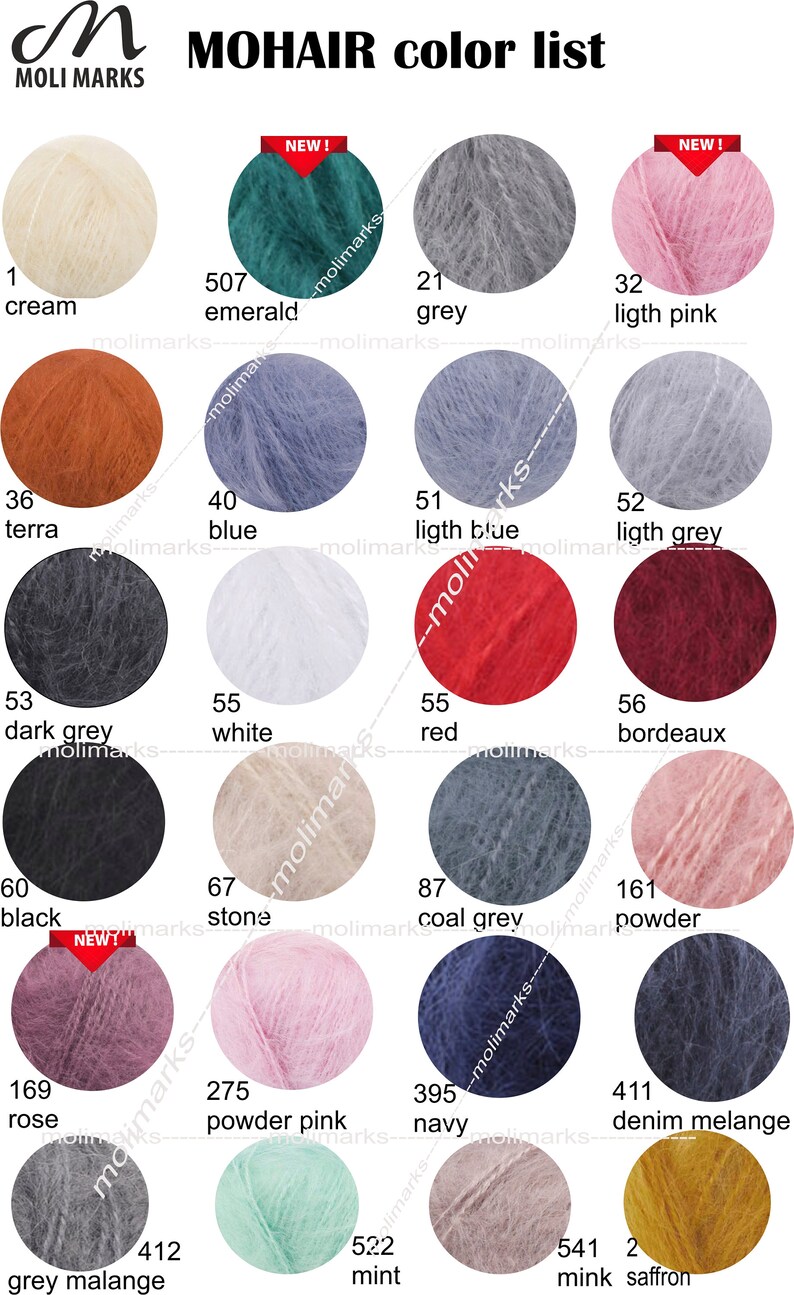 May include: A colour chart of mohair yarn with 18 different colours, including cream, emerald, grey, light pink, terra, blue, light blue, light grey, dark grey, white, red, bordeaux, black, stone, coal grey, powder, rose, powder pink, navy, denim melange, grey melange, mint, mink, and saffron.