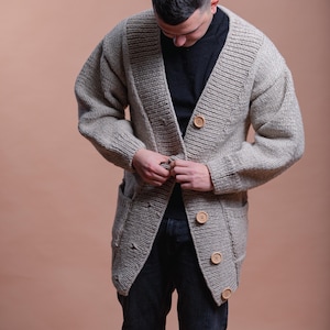 M Size Ready to Ship Beige Cable Knit Cardigan For Man, Natural Wool Cardigan, Oversized Wool Jacket, Giant Wool Winter Coat with Pockets