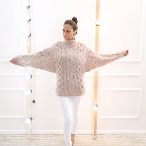 Kimono Mohair Sweater , Icelandic mohair turtleneck sweater, Cable knit fetish pullover, Crochet oversize top image 1