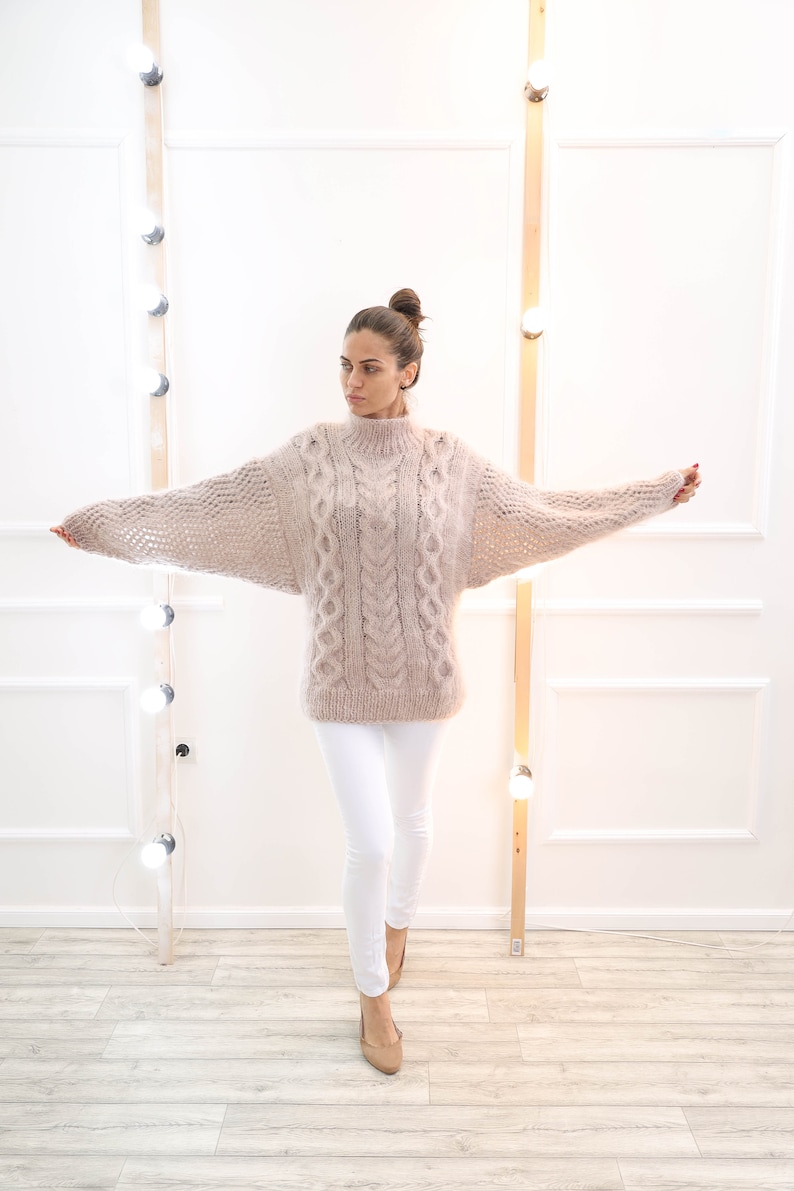 Kimono Mohair Sweater , Icelandic mohair turtleneck sweater, Cable knit fetish pullover, Crochet oversize top image 1