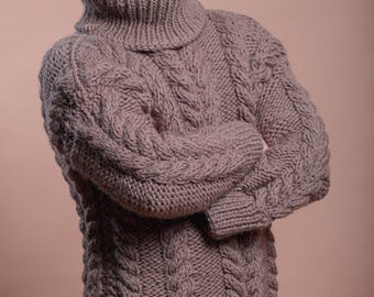 Suéter beige de punto trenzado para hombre, jersey de lana de invierno, jersey gigante para hombre, jersey de lana de invierno, jersey enorme y acogedor.