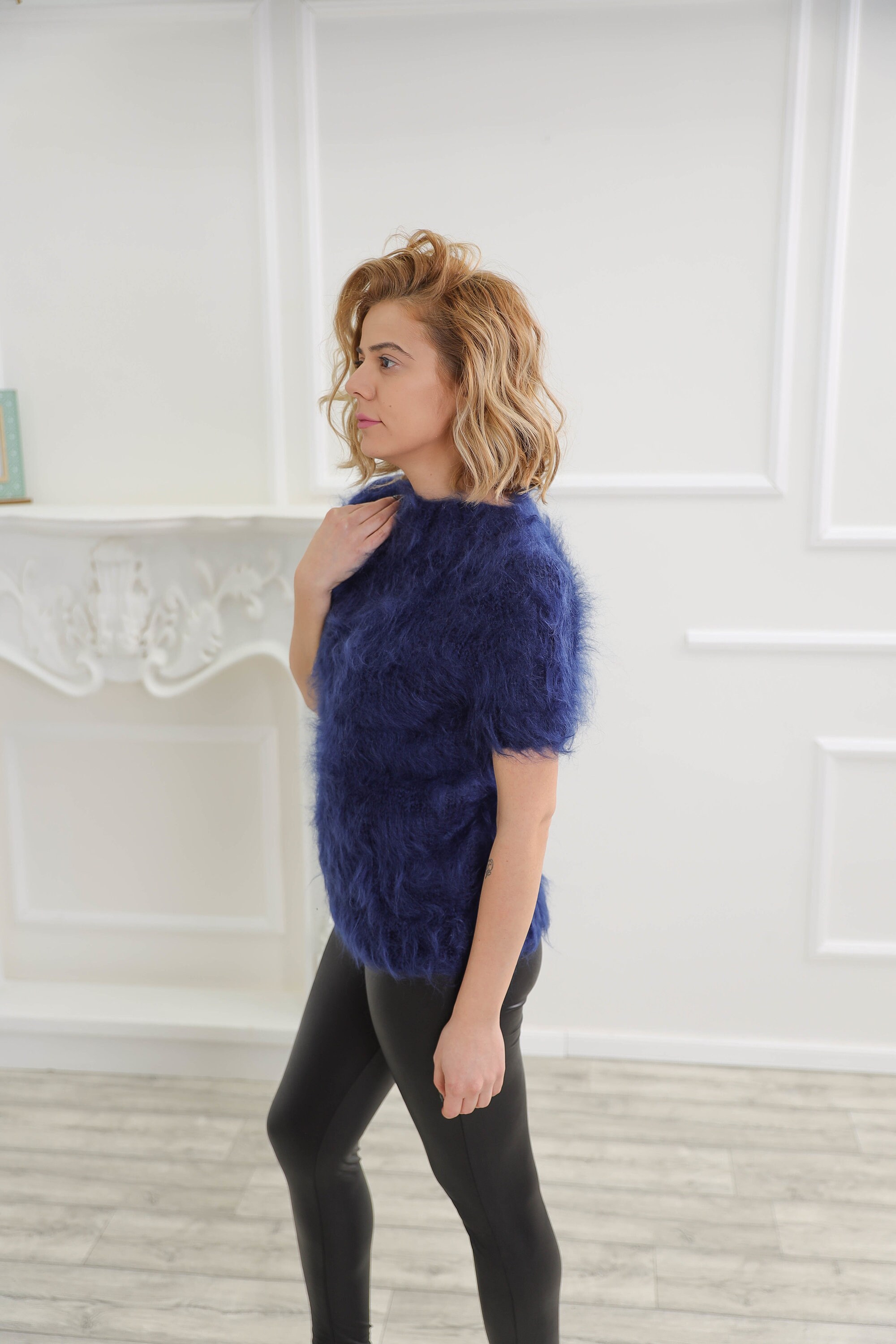 Dark Blue Mohair Sweater Short Sleeve Mohair Sweater Fluffy - Etsy Israel