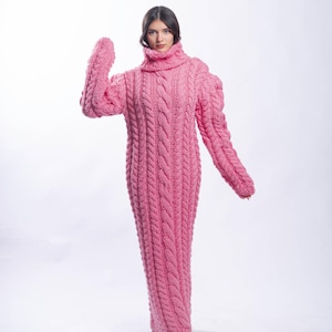 Sexy Pink Sweater Dress, Oversized Wool Dress, Extravagant Wool Dress, Turtleneck Sweater Dress, Cable Knit Dress, Avant Garde Clothing