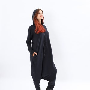 Black Hoodie harlem Jumpsuit, Long maxi jumpsuit, Black maxi Overall , Black Pomper, Boho hippie overall, Drop crotch Harem jumpsuit, image 2