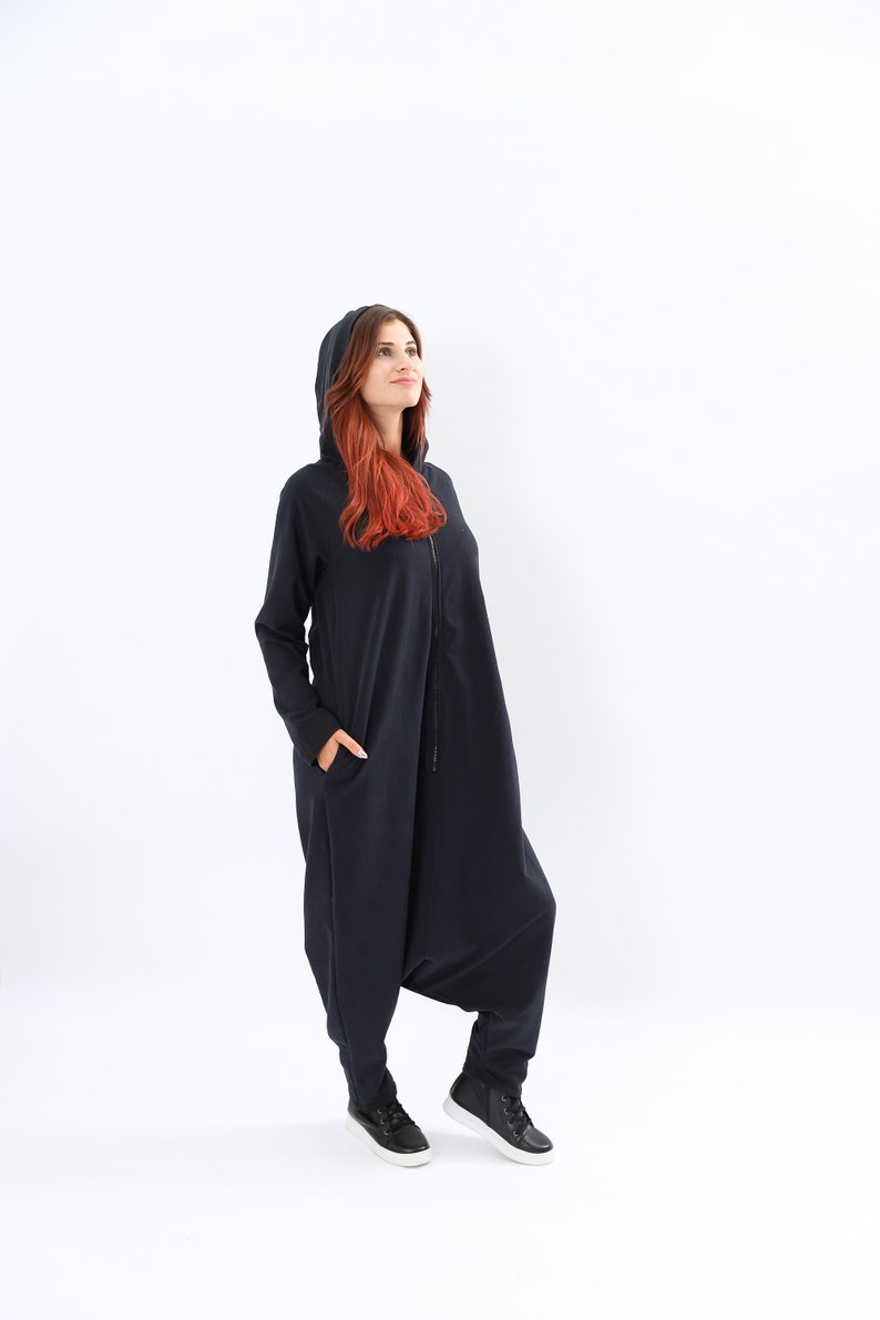 Black Hoodie harlem Jumpsuit, Long maxi jumpsuit, Black maxi Overall , Black Pomper, Boho hippie overall, Drop crotch Harem jumpsuit, image 2