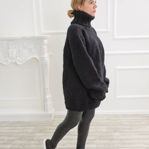 Black oversize wool sweater, Chunky turtleneck wool pullover, Nordic warm fluffy cardigan image 6