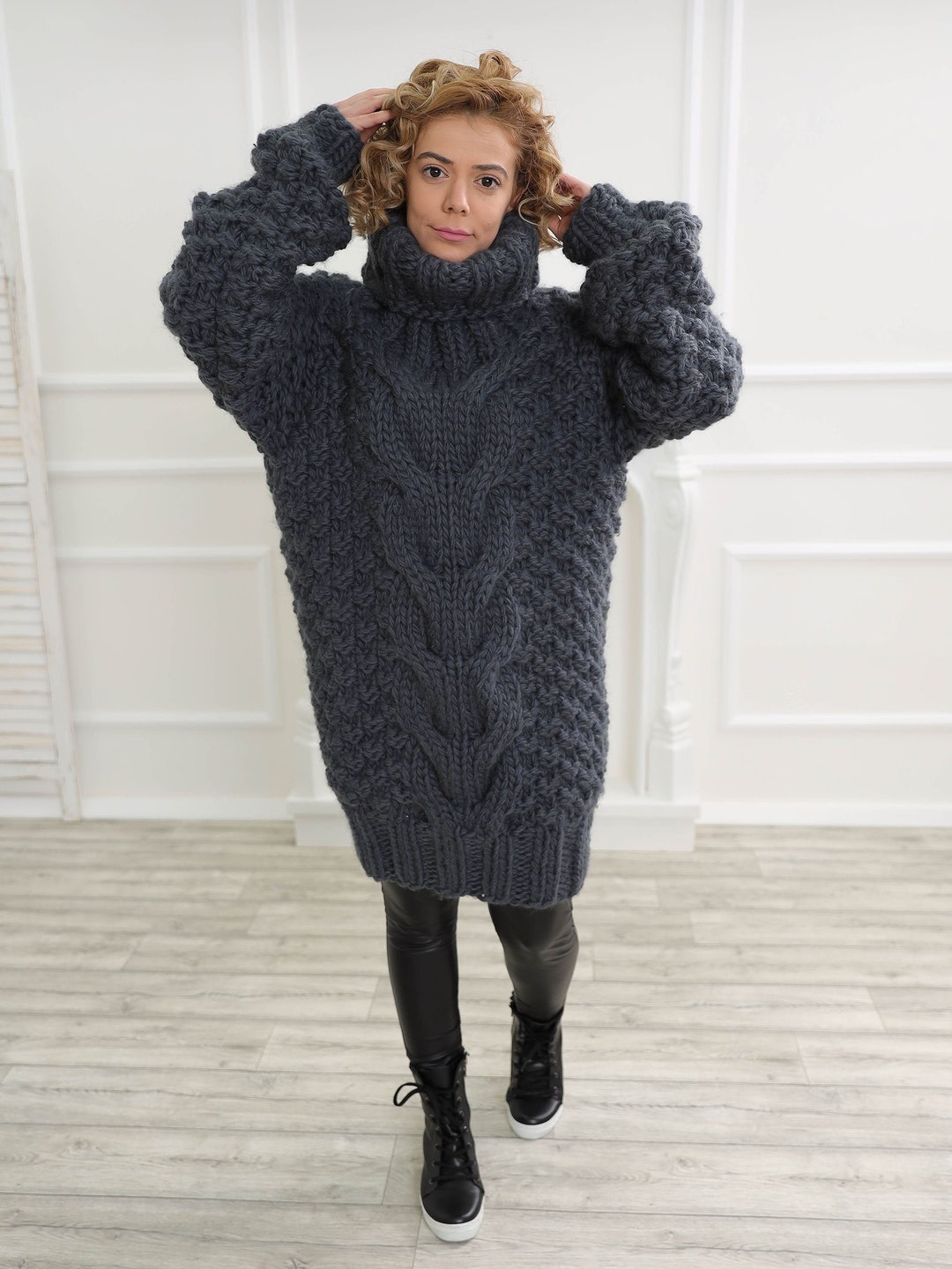 Loose Turtleneck Sweater Grey Wool Sweater Oversize Winter - Etsy