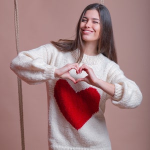 White Wool Sweater, Red Heart Pullover, Valentine Sweater, Women Heart Jumper, Girlfriend Gift, Cute Winter Pullover, Casual Clothing image 2