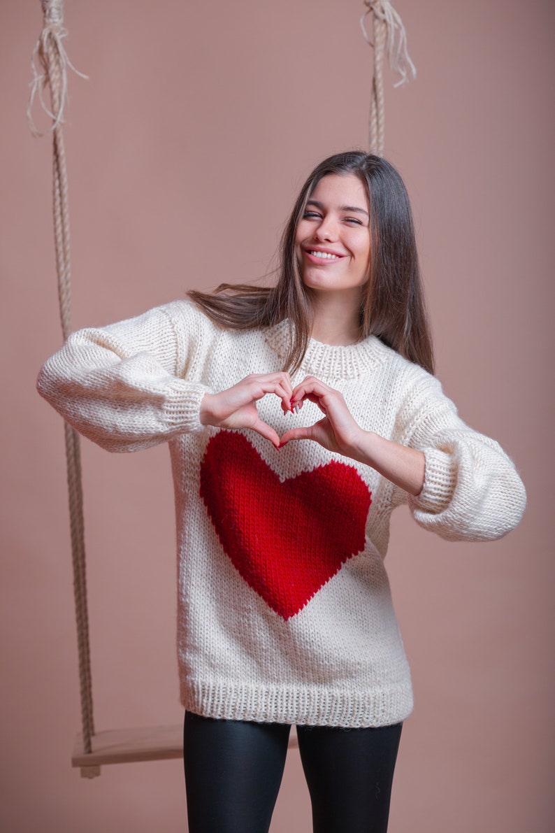 White Wool Sweater, Red Heart Pullover, Valentine Sweater, Women Heart Jumper, Girlfriend Gift, Cute Winter Pullover, Casual Clothing image 2