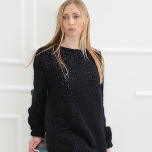 Black Mohair Sweater, Oversized Hand Knit Sweater, Long Sleeve Pullover, Winter Mohair Cardigan, Women Knit Sweater, Plus Size Clothing