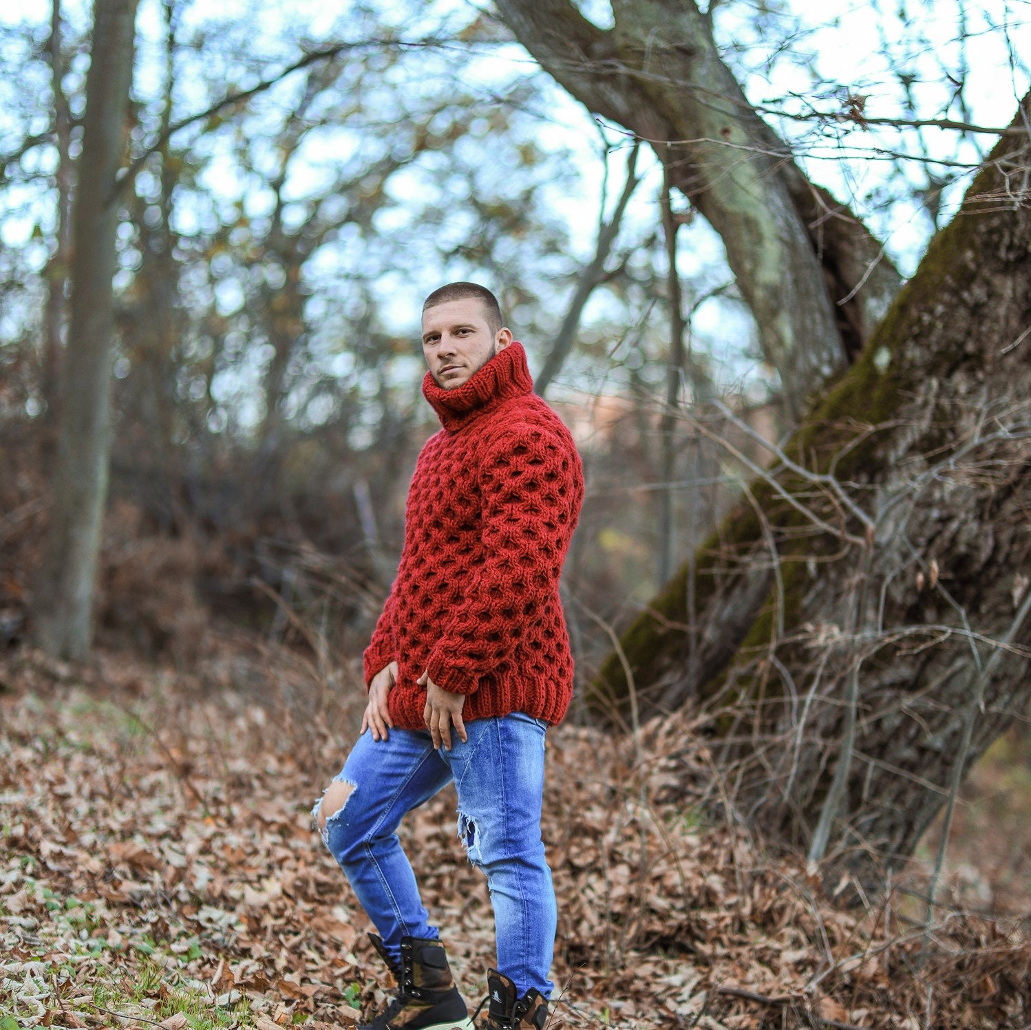 Huge Red Sweater for Man, Oversized Pullover for Boyfriend, Wool