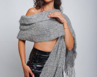Melange Green and Pink Mohair Scarf, Striped Scarf, Fluffy Knitted Winter Scarf, Long Fringe Scarf, Women’s Soft Wrap, Oversized Muffler