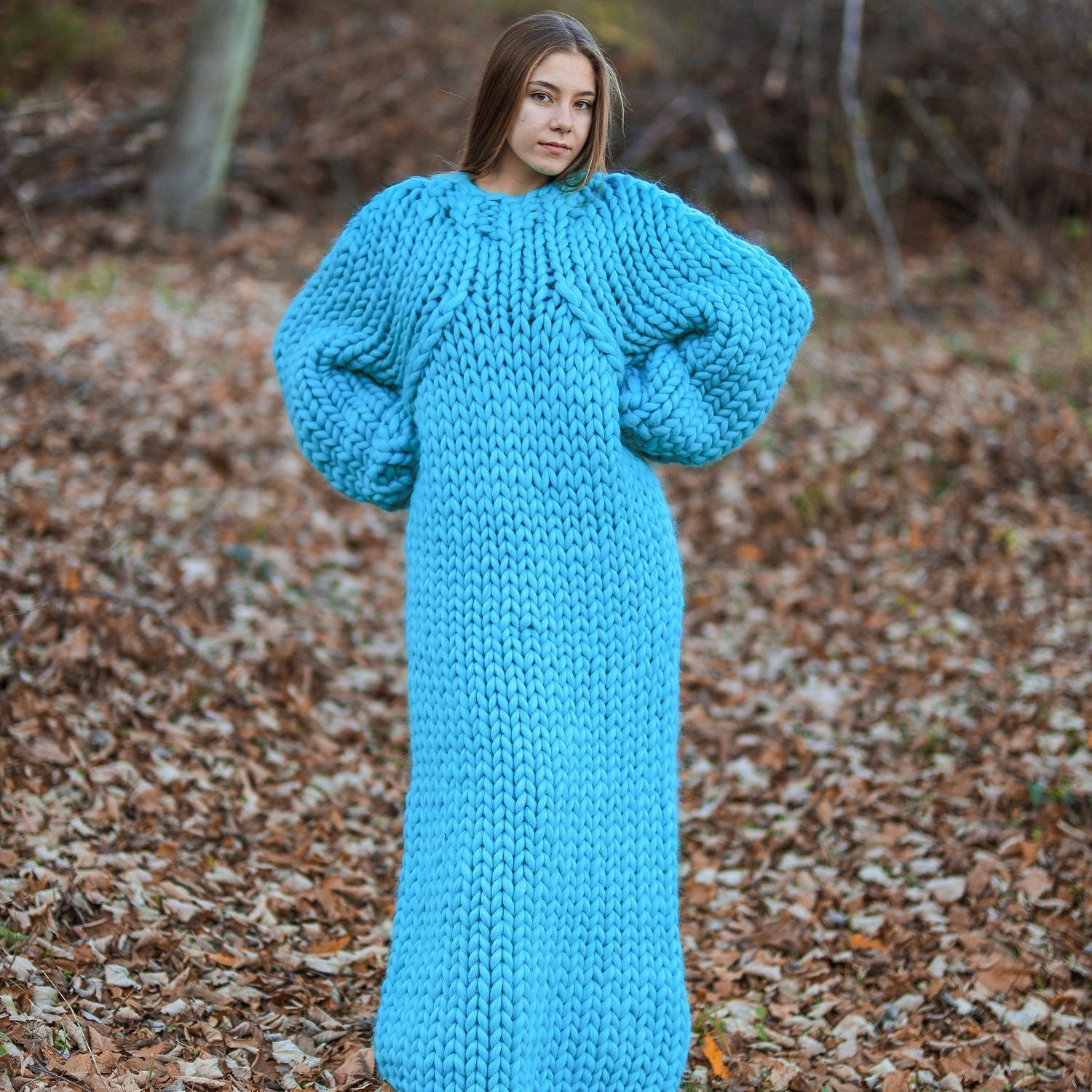 Sky blue winter huge sweater dress from merino wool great for ski resort outfit Sky blue winter huge sweater dress from merino wool great for ski resort outfit