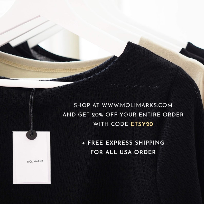 May include: Black and beige long-sleeved shirts hanging on hangers. The tag reads "MOLI MARKS". The text on the shirts reads "SHOP AT WWW.MOLIMARKS.COM AND GET 20% OFF YOUR ENTIRE ORDER WITH CODE ETSY20 + FREE EXPRESS SHIPPING FOR ALL USA ORDER".
