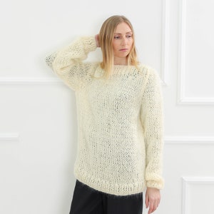 Cream Mohair Sweater, Wool Oversized Pullover, Fluffy Sweater, Hand Knit Pullover, Mohair Blouse, Plus Size Clothing, Winter Warm Sweater