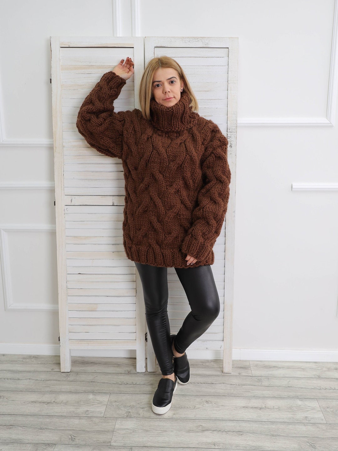 Turtleneck Wool Sweater, Brown Chunky Jumper, Knit Pullover, Thick ...