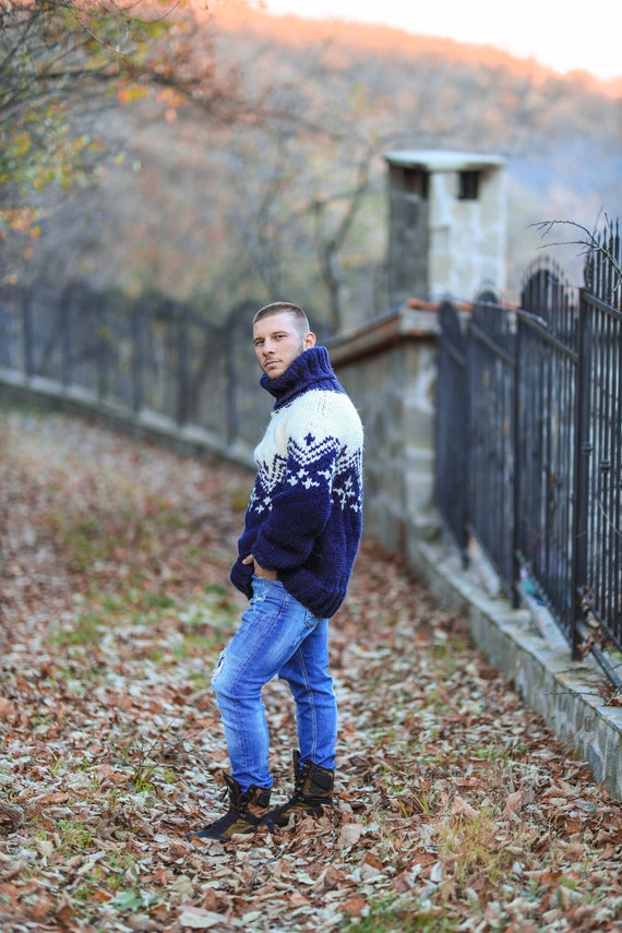 Nordic Knit Sweater, Man Wool Sweater, Giant Turtleneck Pullover