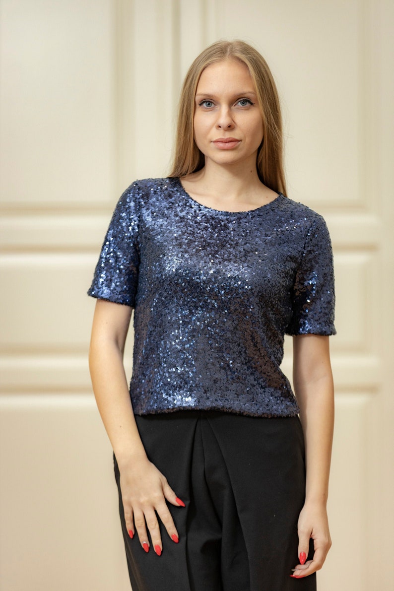 New Dark Blue Blush Sequin Top Prom Party Crop Top New - Etsy