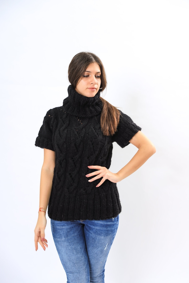 Hand Knit Sweater Vest, Cable Knit Vest, Wool Sweater Vest, Turtleneck Sweater, Short Sleeve Sweater Vest, Vintage Pullover, Winter Sweater image 6