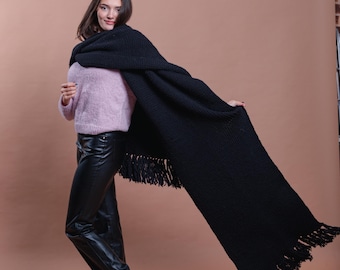 Ready to ship Black Wool Knit Scarf, Beige Long Scarf, Wide Wool Scarf, Hand Knitted Wool Accessories, Chunky Scarf, Girlfriend Gift, Scarf