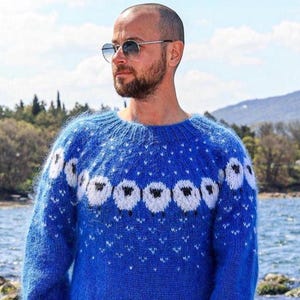 L Size Ready to Ship Handmade Nordic Mohair Sweater with Sheep Pattern, Men&#39;s Icelandic Wool Pullover, Cozy Winter Jumper, Gift for Him