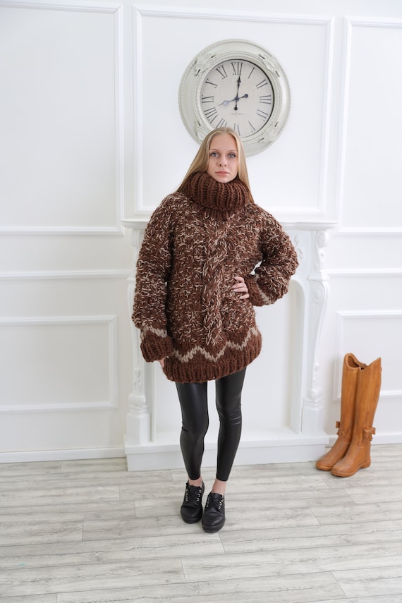 Women Wool Sweater, Chunky Knit Jumper, Brown Melange Pullover, Plus Size Sweater, Turtleneck Jumper, Warm Winter Knitwear, Molimarks
